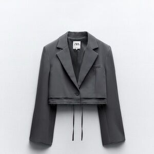 Zara Cropped Raw Hem Adjustable Grey Blazer Size XS